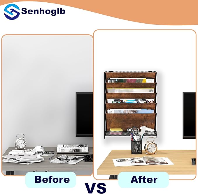 Metal Wall File Holder Organizer, 6-Tier Mesh Hanging Wall File Organizer, Magazine Rack with Trays, Wood Document Holder for Office Home, Brown