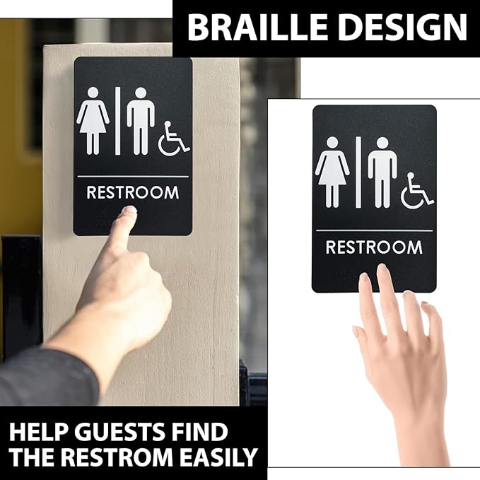 USA Made - Men's and Women's Restroom Signs ADA-Compliant Bathroom Door Signs for Offices, Businesses, and Restaurants, Black, Blue, Grey and Taupe/Tan Colors (Black Handi-Unisex)