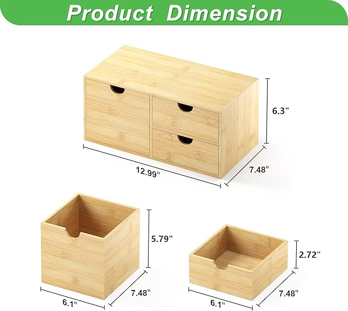 Desk Organizer With Drawers - Bamboo Wood Desktop Mail Organizer Storage Box for Office Home Bathroom Vanity Dresser Top, No Assembly Required (3 Drawer with Big Drawer)
