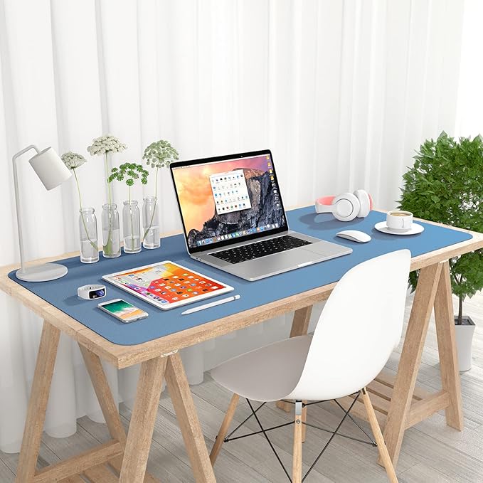 Hsurbtra Desk Pad, 35.5" x 17" PU Leather Desk Mat, XXL Extended Mouse Pad, Waterproof Desktop Blotter Protector, Non-Slip Ultra Thin Large Laptop Keyboard Writing Mat for Office Home, Dark Blue