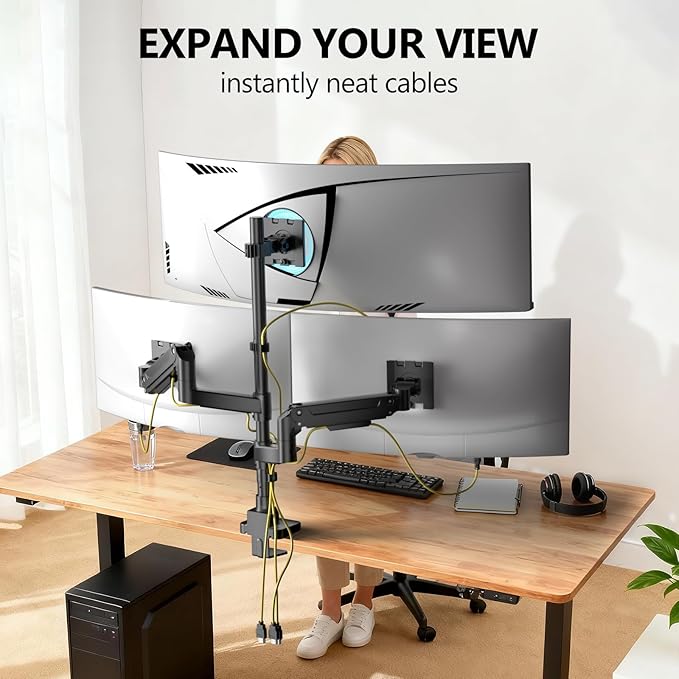 WALI Triple Monitor Mount - Extra Tall 3 Monitor Desk Mount for 13 to 49" Ultrawide Screens, Up to 44 lbs, Fully Adjustable Heavy Duty Gas Springs, VESA 75/100 mm (GSDM003-P), Black