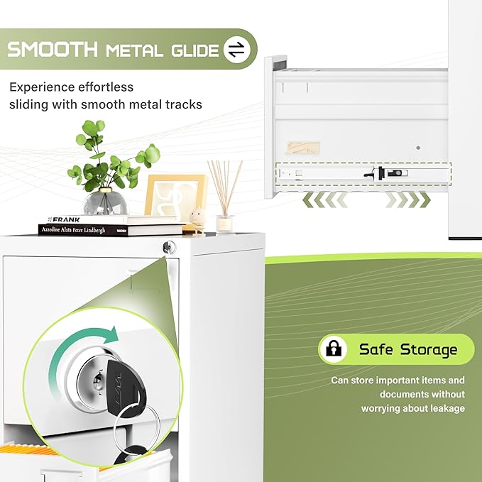 Crownland Lateral File Cabinet with 4 Drawers, 15" W Metal Lockable Office File Cabinets for Home Office- Stores Letter/Legal/A4/F4 Files(White)