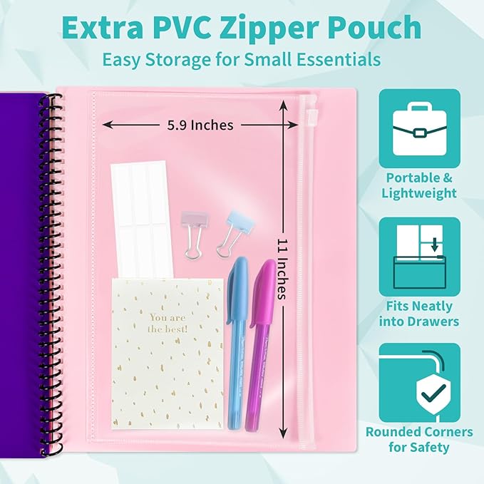 Binditek 12-Pocket Poly Project Organizer, Heavy-Duty Poly Cover, Clear Front Pocket, 6-Color Dividers with 1/3-Cut Tabs, Fixed Zipper Pouch, Letter-Size, Pink