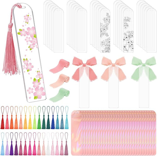 30 Pieces Acrylic Bookmark Blanks(3mm Thick), Clear Acrylic Bookmarks with 30PcsTassels, 3 Rolls Chiffon Silk Ribbon and 30 Packaging Bags, Transparent DIY Bookmarks for Reading Lover Crafts Present