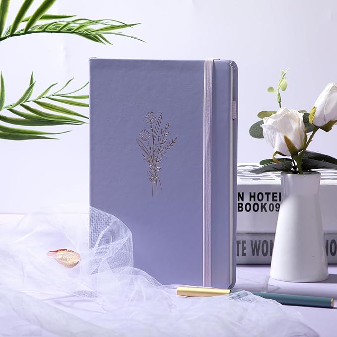 Lined Journal Notebook for Women Cute Leather Journals for Writing Aesthetic Floral Diary 192 Pages A5 Hardcover Journaling Notebooks with Pen Loop, 5.7 x 8.3 In, Purple