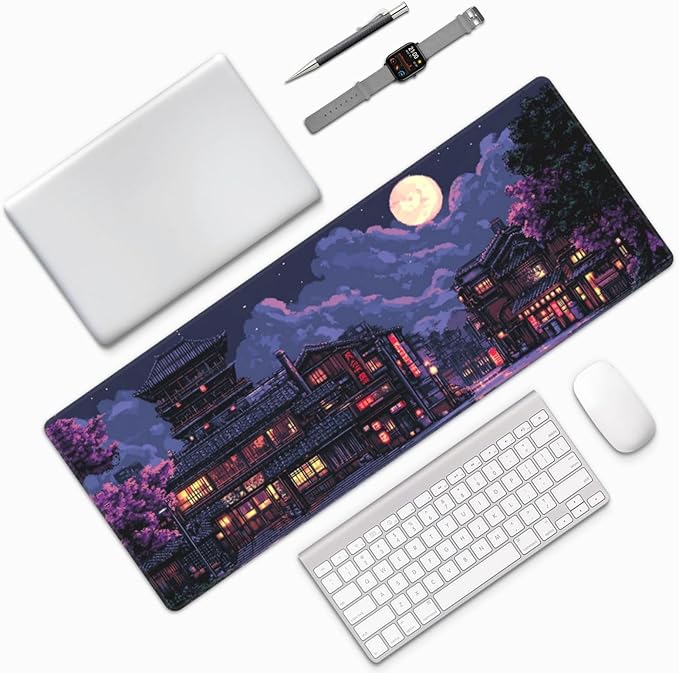 Night Mouse Pad 31.5 X 11.8 Inch Big Desk Rubber Base Stitched Edges Keyboard Pad XXL Mouse Mat for Home Game and Office