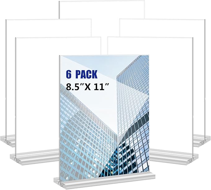 Acrylic Sign Holder 8.5x11 Inches 6 Pack T Shape Desktop Display Stand Vertical Double Sided Clear Table Menu Flyer Holder for Restaurants, Office, Shop, Wedding