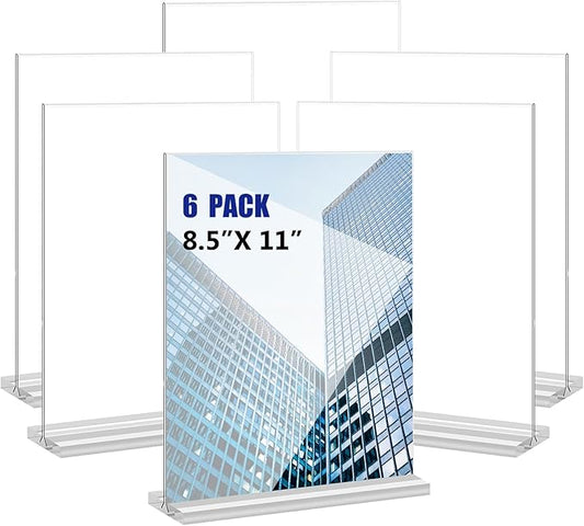Acrylic Sign Holder 8.5x11 Inches 6 Pack T Shape Desktop Display Stand Vertical Double Sided Clear Table Menu Flyer Holder for Restaurants, Office, Shop, Wedding