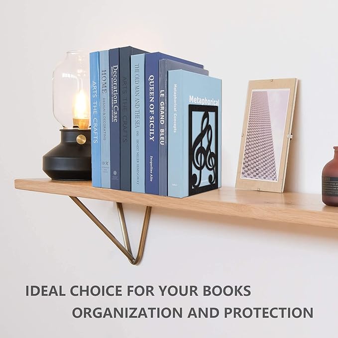 Book Ends,Metal Bookend,Bookend Decorative Heavy Book Ends for Shelves, Home Decorative Bookends for Heavy Books,Non-Skid Musical Note Bookshelf Holder