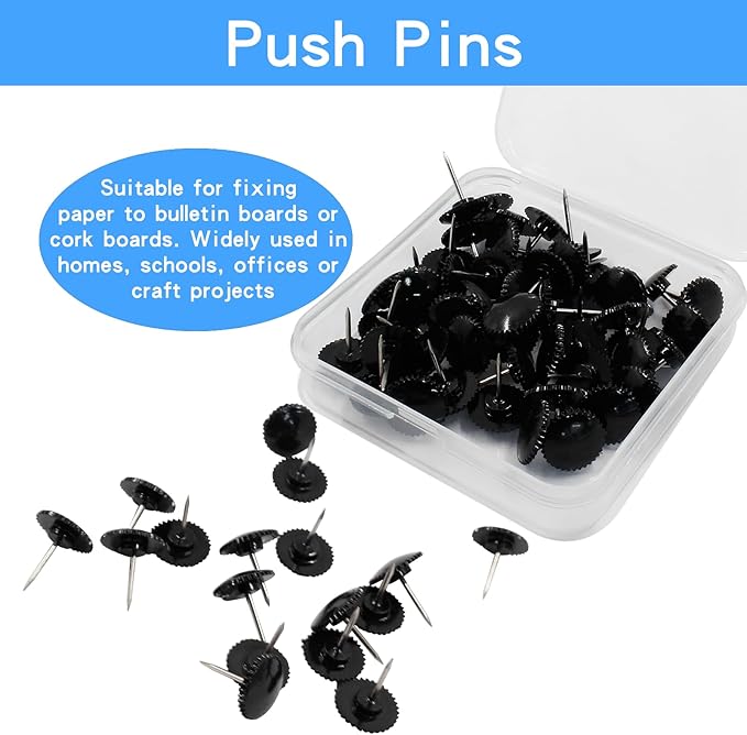 Piutouyar 50 Pcs Black Push Pins, Plastic Thumb Tacks for Wall Hanging, Flat Head and Steel Point Push Pins Wall Tacks Thumbtacks for Furniture Cork Board DIY Projects or Home Decor