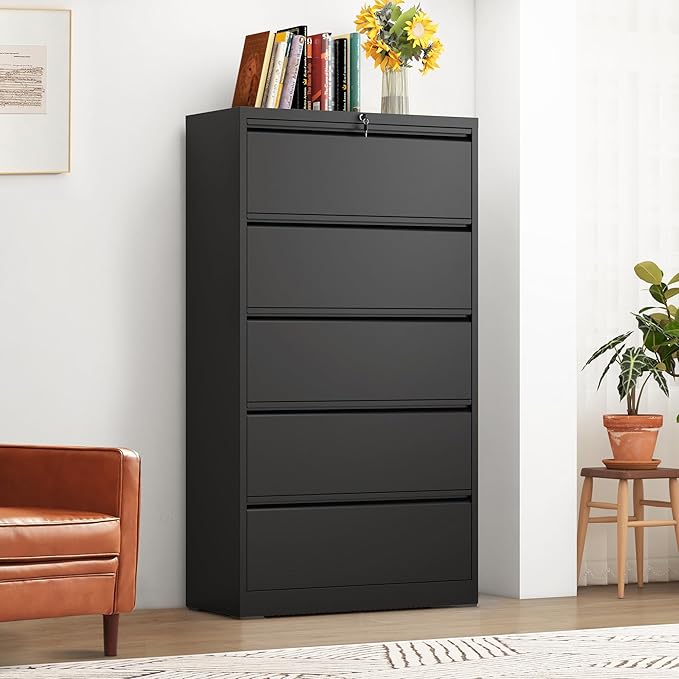 5-Drawer Lateral File Cabinet with Lock, Black Metal Filing Cabinet for Office or Home – Secure Storage for Letter/Legal/A4/F4 Documents, Easy to Assemble Locking File Organizer (Black, 5 Drawer-64"H)