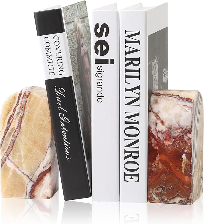Koville Mexican Natural Marble Bookends for Shelves, Decorative Book Ends, 7lbs Heavy-Duty Marble Book Holders, Bookshelf Apartment Decor for Normal Books/CD/Video Games(Mexico Onyx)