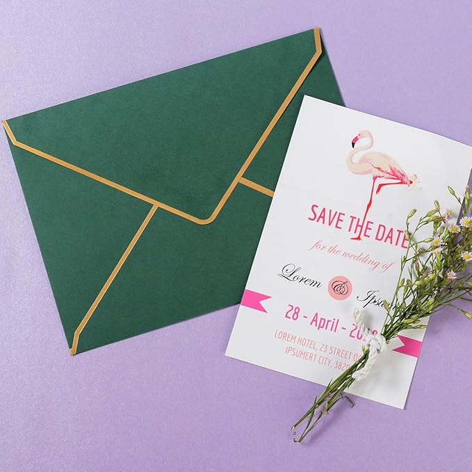 100 Pack A7 Envelopes 5 x 7 Card Envelopes V Flap with Gold Border for Office, Wedding Gift Cards, Invitations, Graduation, Baby Shower, Parties (5.32 x 7.28 Inches, Dark Green)