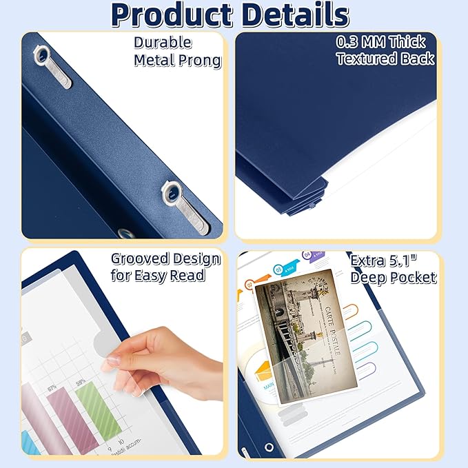HAUTOCO 5 Pack Plastic Report Covers with 3 Prongs Fasteners Clear Front Resume Portfolio Folder for 8.5x11 Letter Size Paper, Presentation Document Report Cover for School Office Business, Navy Blue