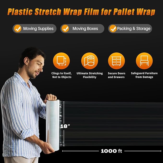 BETU Plastic Wrap Stretch Film for Moving Supplies 18inch X 1000ft, Shrink Wrap Stretch Roll Industrial for Furniture Wrapping Shipping Pallet Moving Boxes Storage with Handles, 1 Pack, Clear