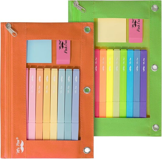 Mr. Pen- 2 Pack Pencil Pouch - Green and Orange Flat Zipper Pouch for 3 Ring Binder
