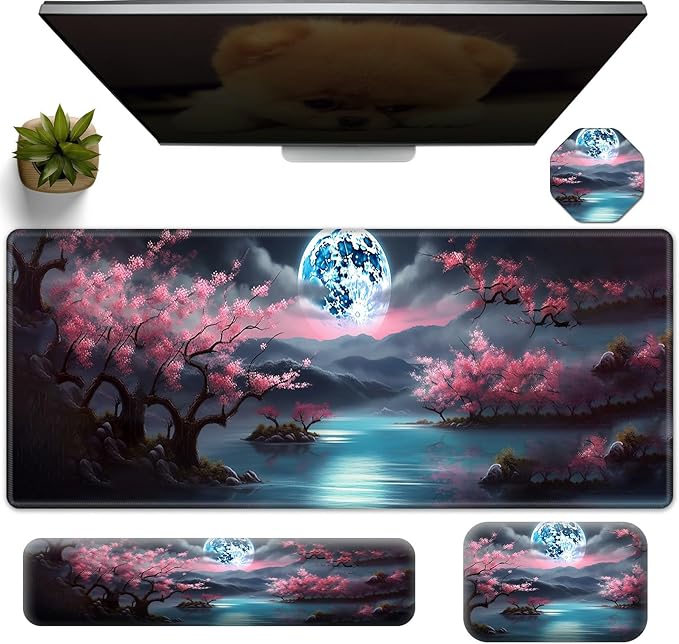 Large Gaming Mouse Pad+Memory Foam Ergonomic Keyboard Wrist Rest Support+Wrist Rest+Coaster, Extended Desk Pad Set, Stitched Edge Non Slip Desk Mat 4PC for Office & Home, Moon Cherry Blossom