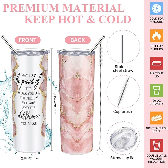 Domensi 6 Pcs Employee Appreciation Gift Set for Women Female Thank You Gift May You Be Proud 20 oz Rustic Marble Sign Tumbler Makeup Bag Journal for Teacher Nurse Lady Work Business(Pink)