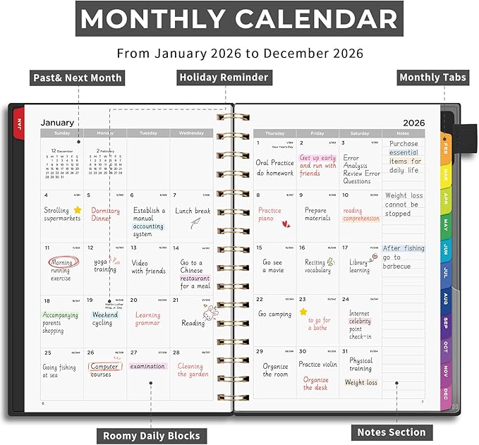EMSHOI 2026 Planner - Weekly and Monthly Calendar (Jan-Dec), A5 (5.7"x8.3") Hardcover, 100GSM Thick Paper, PVC Cover, Inner Pocket, Colorful Tabs, Note Pages for Work School Home, Black