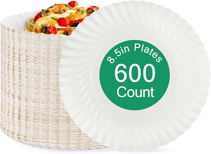 JOLLY PARTY 8.5 inch Paper Plates Uncoated,600 Count Everyday Disposable Plates, Light Weight Paper Plates White, Round Dinner Plates, Large Plate Lunch, for Home and Office