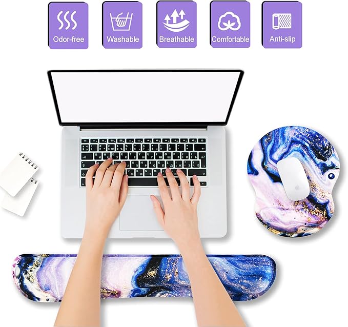 ArtSo Upgraded Wrist Rest Support for Mouse Pad & Keyboard, Ergonomic Gel Mousepad Non-Slip Rubber Base Home,Office Pain Relief & Easy Typing Cushion Neoprene Cloth & Soft Memory Foam, Purple Marble