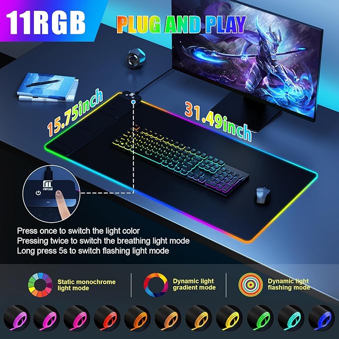 Mouse Pad with Phone Holder, Wireless Charging Desk Mat, RGB Gaming Mousepad Home Office Large Desk Pad with Ultra-Smooth Surface, Non-Slip Base, Waterproof Keyboard Pad, Classic Black Desk Mat