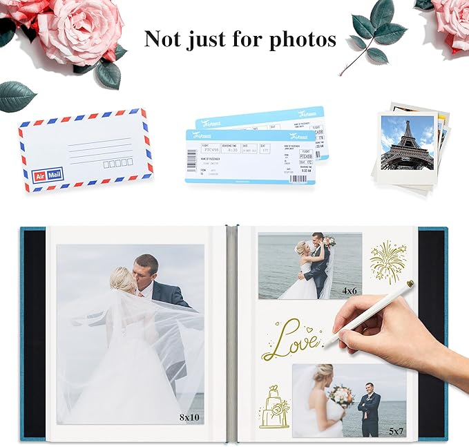 Self Adhesive Photo Album, Sky Blue Scrapbook Album with DIY 60 Blank Pages, Wedding Photo Album with A Metallic Pen for 4x6 5x7 2x3 Pictures,12.9"x13.4"