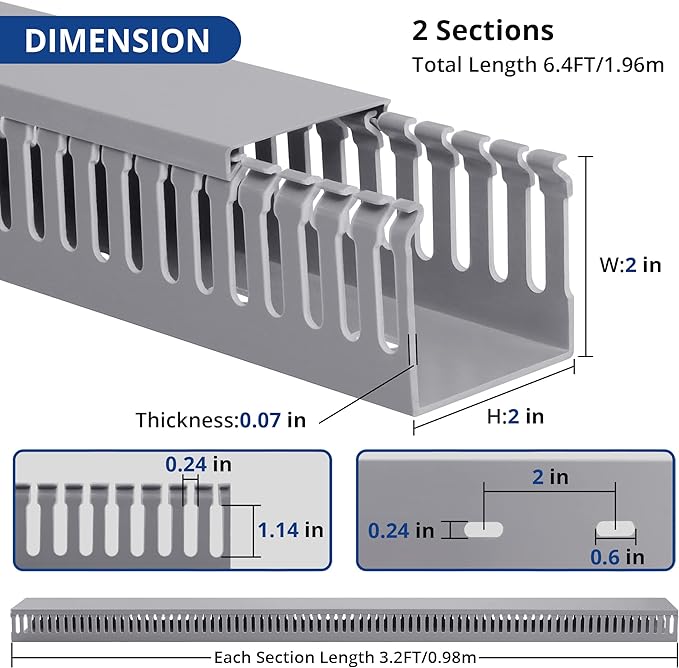 ZhiYo 2x2in Server Rack Cable Management, 6.6ft Cable Duct Cable Raceway Kit, Electrically Safe PVC for Network Cable Management, Open Slot Wire Raceway for Computer Under Desk, Wire Duct Grey