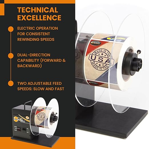 Start International - Rewinder - Electric Label Rewinder Machine for Thermal Printers - Bidirectional Label Winder - 9 Inch Roll Capacity & Dual Core 1.25 3 Inch