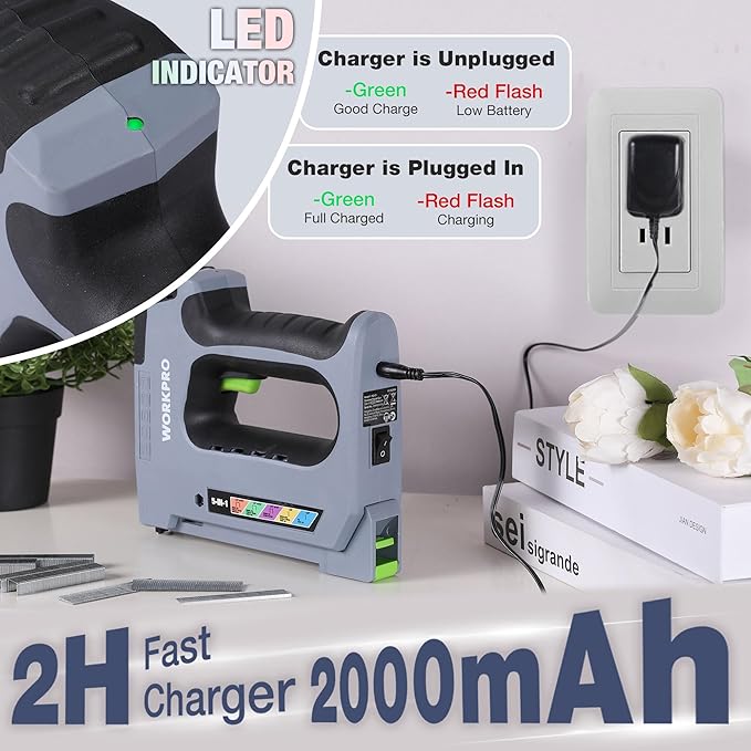 WORKPRO 5 in 1 Cordless Staple Gun, 3.6V Rechargeable Electric Stapler with 2000 Staples and Nails, Upholstery Staple Gun for Wood, Furniture, Office, and DIY Projects