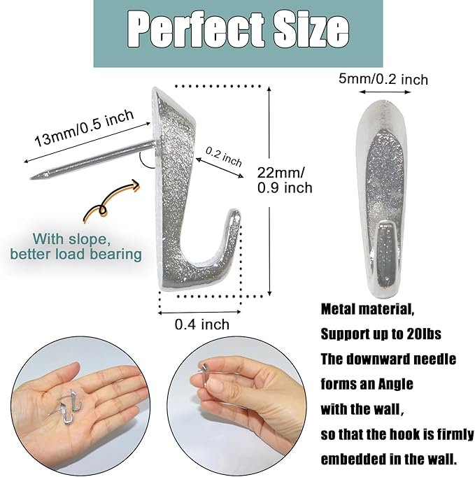 30 PCS Picture Hanging Nails Thumb Tacks for Wall Hangings, Heavy Duty Push Pins Wall Hooks for Drywall Cork Board, Picture Hanging Kit with Nails High Heel Silver