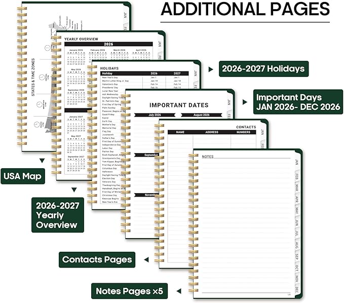 2026 Planner, Weekly and Monthly Calendar Planner Book, January 2026 - December 2026, Hardcover Spiral Planner with Monthly Tabs, Notes Pages, Perfect for Women & Men, A5 (6.4" x 8.5") - Dark Green