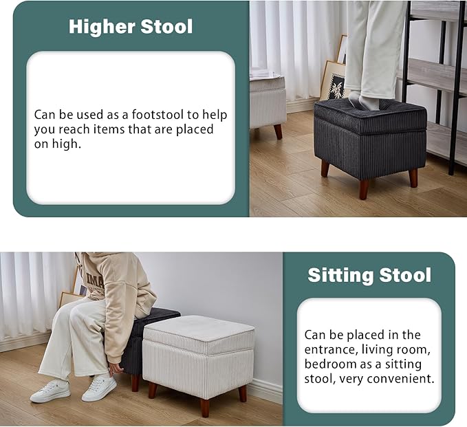 Storage Ottoman with Adjustable Lid, Soft Step Stool, Footrest and Seat, Ottoman Foot Rest for Living Room, Bedroom, Dorm, Dark Gray