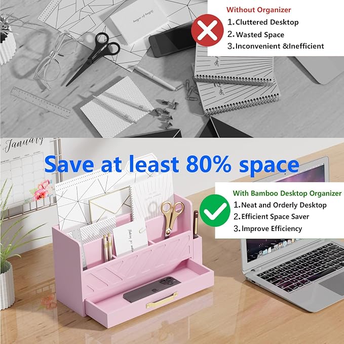 Bamboo Desk Organizer Mail Holder Countertop Wood Desk Drawer Tabletop Storage Box Pen Holder Letter Sorter Makeup Organizer for School Home Office Supplies with Pen Holder Pink