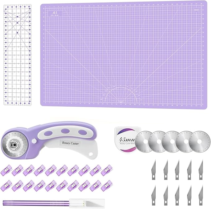 Headley Tools Rotary Cutter Set - 45mm Fabric Cutter, 5 Extra Rotary Blades, A1 Cutting Mat, Quilting Ruler and Sewing Clips, Craft Knife Set, Ideal for Crafting, Sewing, Patchworking, Purple