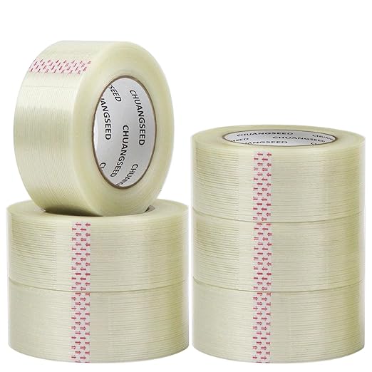 CHUANGSEED 6-Pack Mono Filament Strapping Tape 6.2mil x 2Inch x 60yds Commodity Grade Heavy Duty Transparent Reinforced Fiberglass Tape