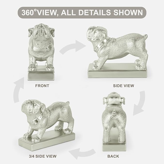 Decorative Bookends for Shelves, Dog Book Ends for Heavy Books, Bulldog Statues Bookends for Heavy Books with Anti-Slip Base Book Holders for Home Office Decor (Silver)