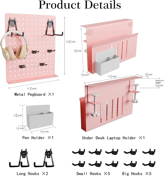 Desk Side Storage with Clamp-on Pegboard,Desk Side Storage,Steel Privacy Panel,No Drill Side Desk Organizer with Pen Holder,Table Side Organizer Laptop Holder for Office and Home (Pink)