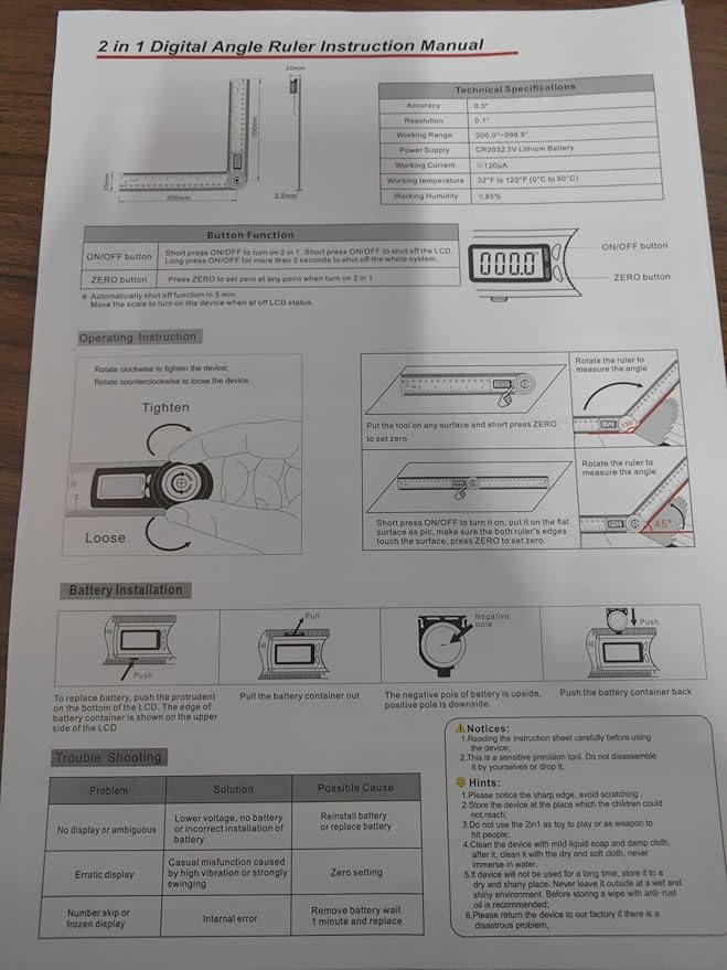GemRed 82305 Digital Angle Finder GemRed Protractor Stainless steel 7inch 200mm (Black Button)