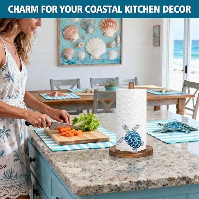 Turtle Paper Towel Holder Countertop, 3D Modern Marine Kitchen Counter Decor, Cute Resin Turtle Wooden Stand for Bathroom & Home Indoor Table, Winter Xmas Gift for Women, Housewarming Gifts, Blue