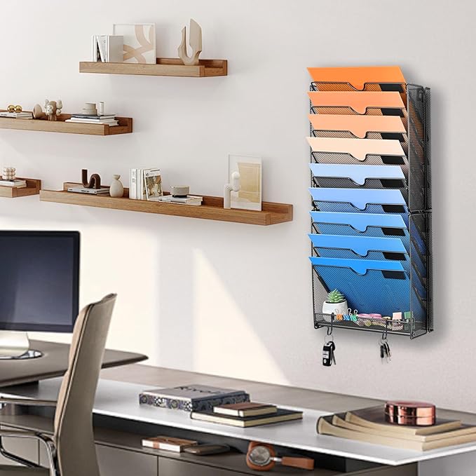 Wall File Organizer, 10 Pockets Mesh Hanging File Organizer, Wall Mount File Paper Folder Holder With Hooks, Wall Organizer Magazine Document Mail for Office School, Black