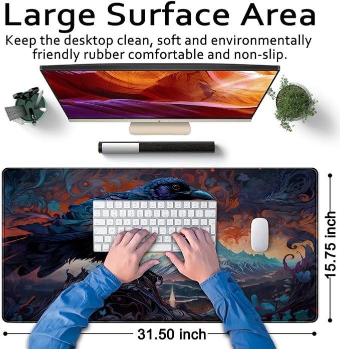 Magic Crow Desk Mat Gaming Misty Fores Mouse Pad Playmat, Large Gaming Mousepad Keyboard Desk Extended Mouse Pads Game Decor with Stitched Eges Non-Slip Base Tabletop for MTG 31.5" x 15.7"