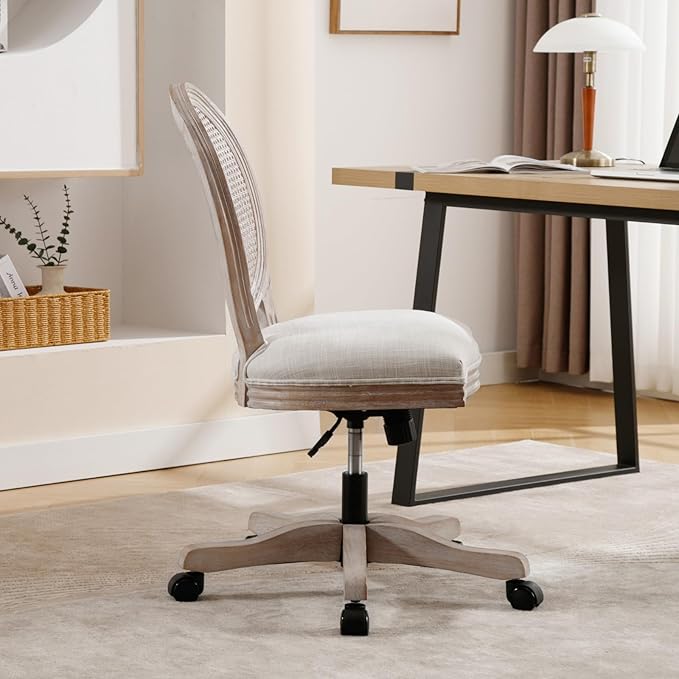 LukeAlon Rattan Back Linen Office Chair, Adjustable Height Swivel Task Chair with Wood Frame Armless Desk Chair with Wheels Upholstered Round Back Vanity Chair for Home Office Study Room, Beige