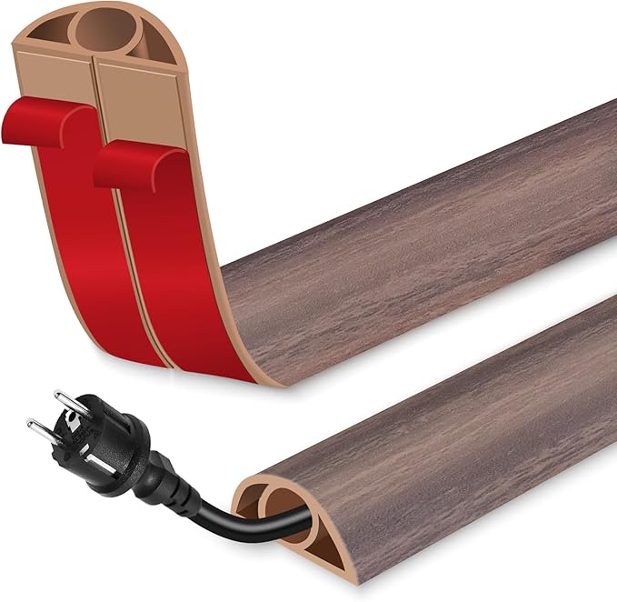 Floor Cord Cover for Wires on Floor Self Adhesive Cord Hider Floor Cable Management Wire Covers for Cords Protector Prevent Cable Trips Cord Cavity W 0.32" x H 0.32", Grayish Brown Wood, 3.3Ft