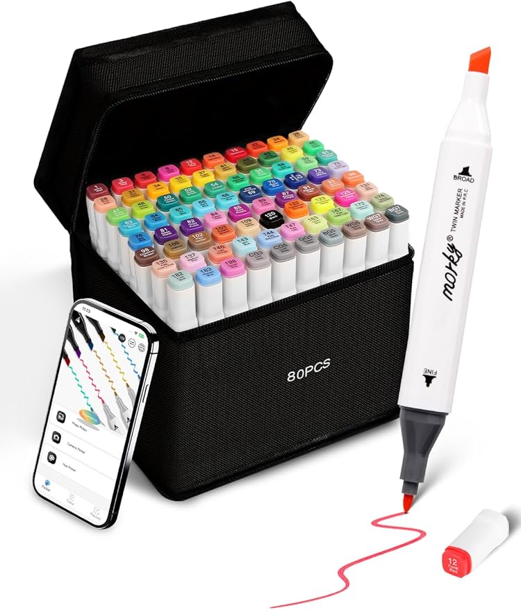 80 Colors Alcohol Markers with Free App, Chisel & Fine Tip Alcohol-Based Marker Set for Adults Kids, Dual Tip Artist Markers for Drawing, Coloring Illustration, Painting and Great Gift Idea