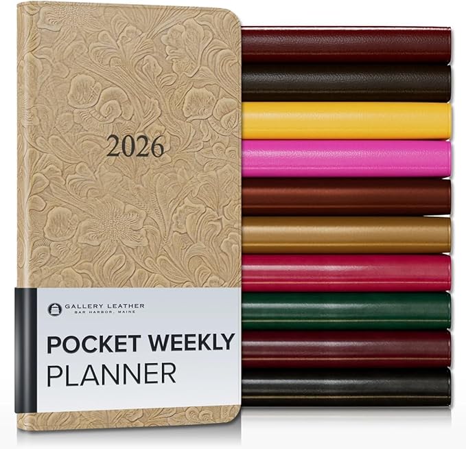 Gallery Leather Pocket Weekly Monthly Planner 2025-2026, Elegantly Bound Calendar Planner and Notebook with Stylish Gold-Gilded Page Edges, 12 Months - Floral Latte - 6 x 3.25 "
