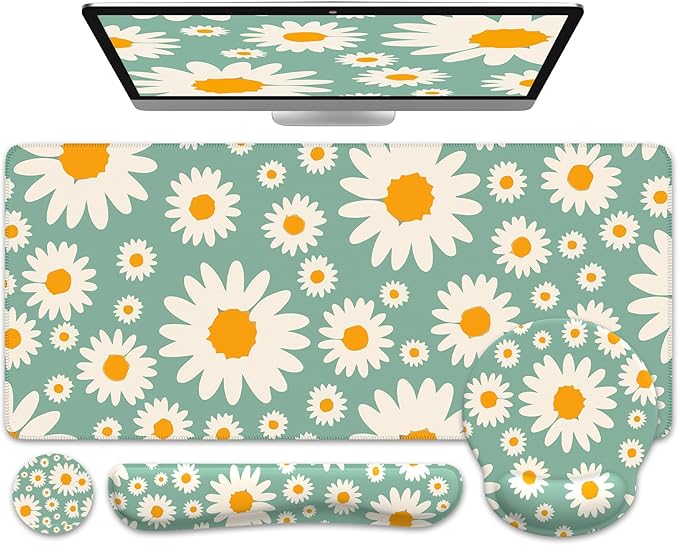 iCasso Desk Cover Mat, 4in1 Floral Large Mouse Pad with Wrist Rest, Desk Matt for Desktop, Anti-Slip XXL Big Computer Ergonomic Mousepad with Wrist Support for Keyboard and Mouse (Daisy)