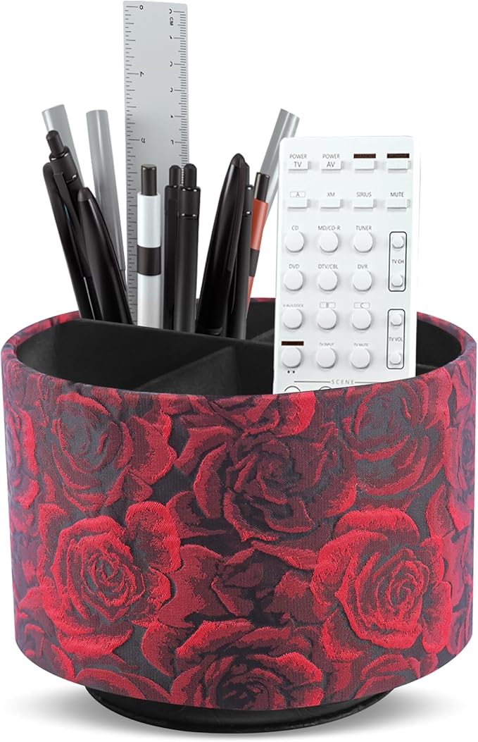 QIELIZI Round Leather Art Supply Organizer,Remote Control Holder,360 Degree Rotating,Multi-Functional Pencil Holder,4 Compartments Desktop Stationary Organizer(1-3D Rose Red)