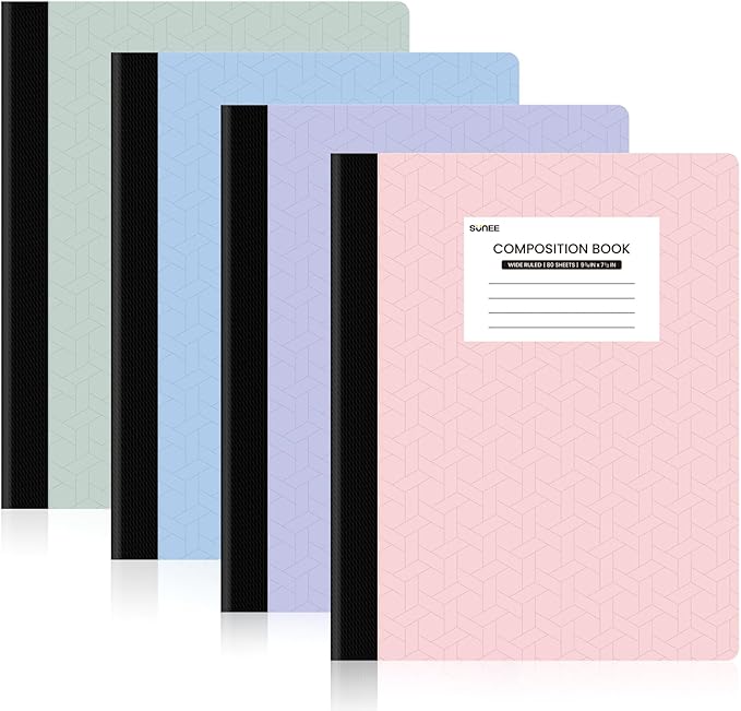 SUNEE Composition Notebooks - Wide Ruled Paper, 4 Pack Composition Book, 9 3/4" x 7 1/2", 80 Sheets/160 Pages, Assorted Colors, School & Office Supplies