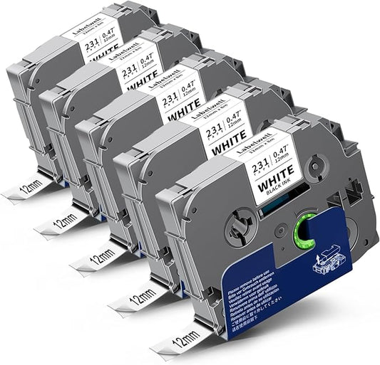 TZe TZ Tape 12mm 0.47 Inch Label Maker Tape Laminated White Compatible for TZe 12mm Tape Refills for P Touch PT-H110 D210 D220 D400 D600 (Black on White, 5-Pack)